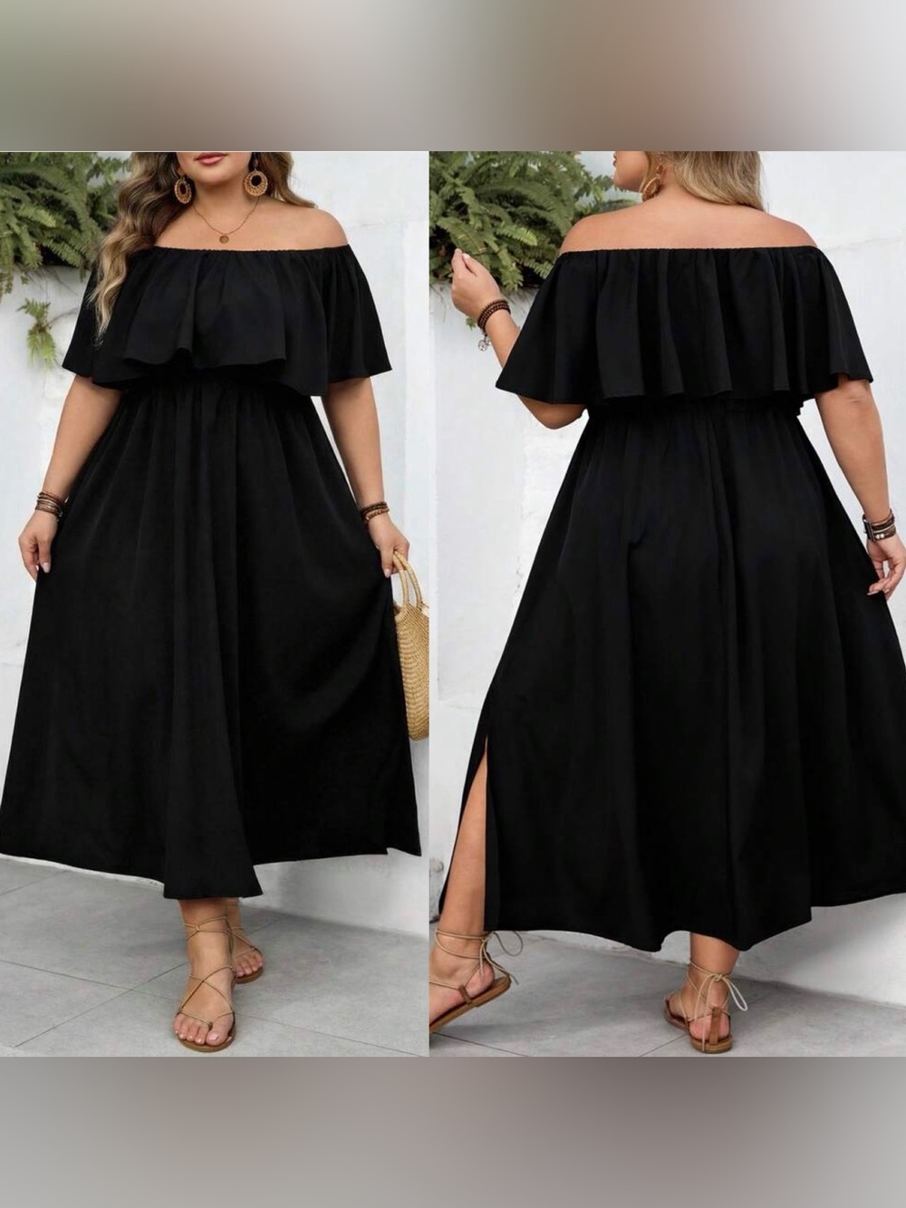 SHEINCurve+ Black Off-Shoulder Ruffle Maxi Dress